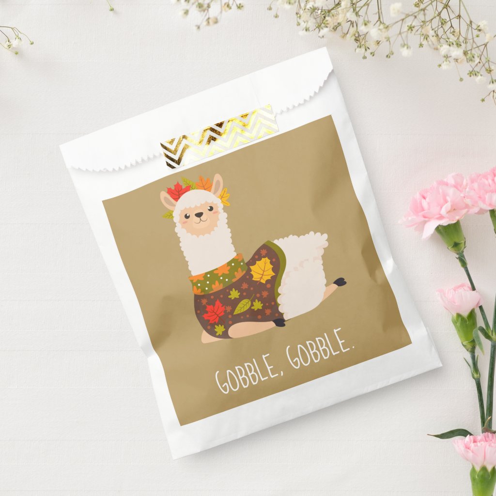 Funny white favor bags with Turkey Llama graphic and 