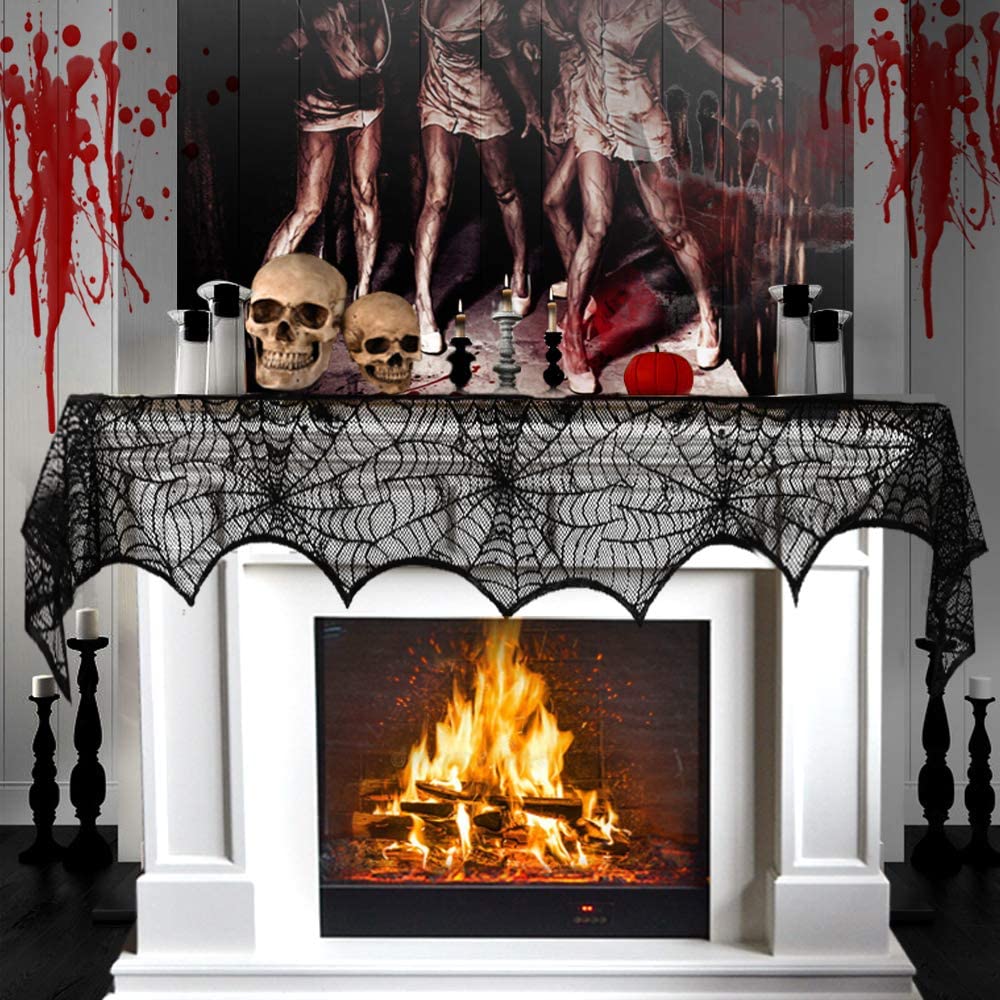 Fireplace decorated with Black Lace Spiderweb Mantle Scarf
