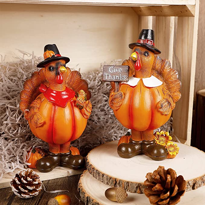 Thanksgiving decorated table with pilgrim turkey salt and pepper shakers