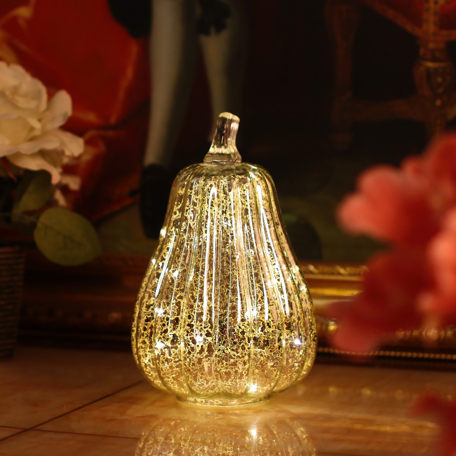 Mercury Glass Pumpkin Lantern Light with Timer