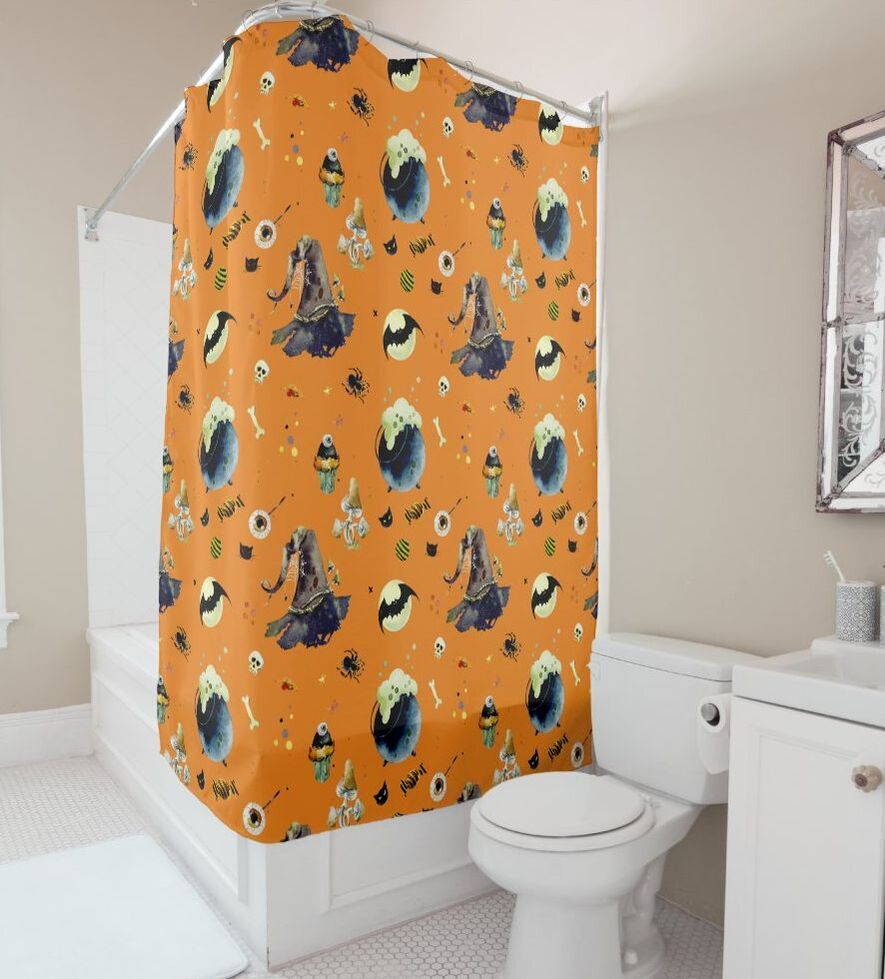 Orange shower curtain with watercolor Halloween elements